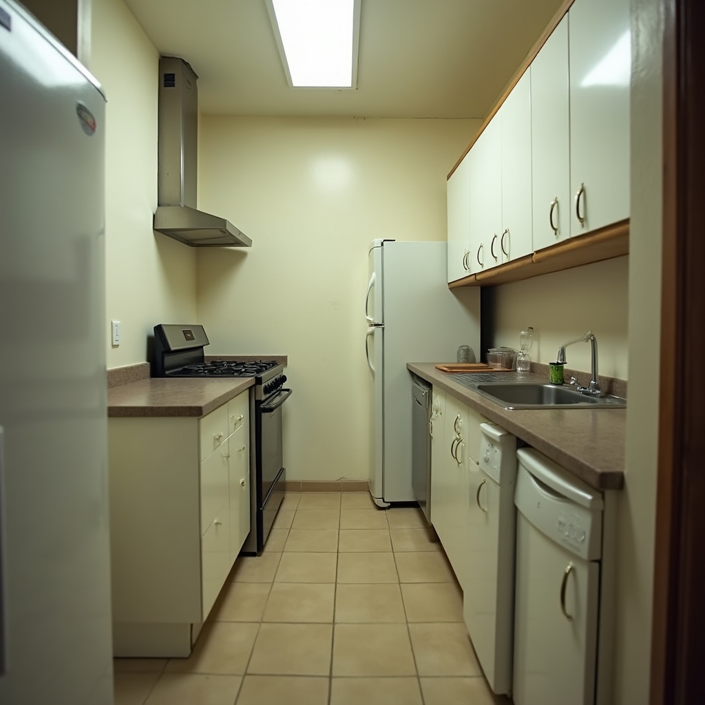 Narrow compact kitchen in a high-rise apartment showing limited counter space