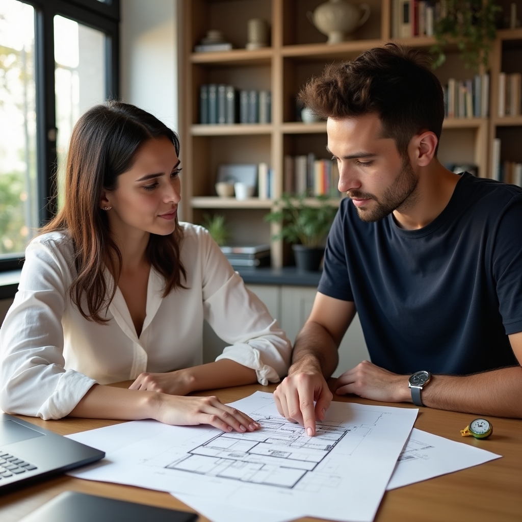Designer reviewing kitchen layout plans with apartment resident at a table