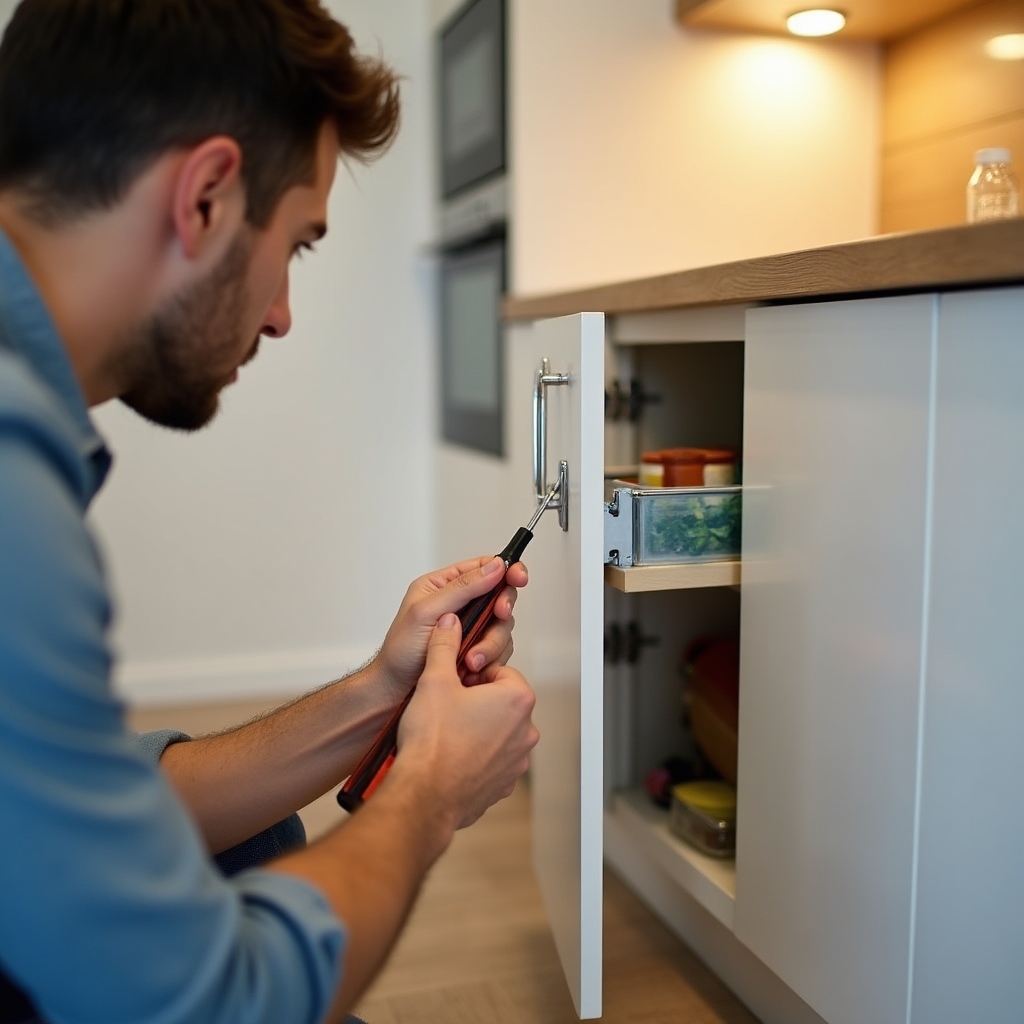 Person inspecting kitchen cabinet hinges and hardware during preventive maintenance check