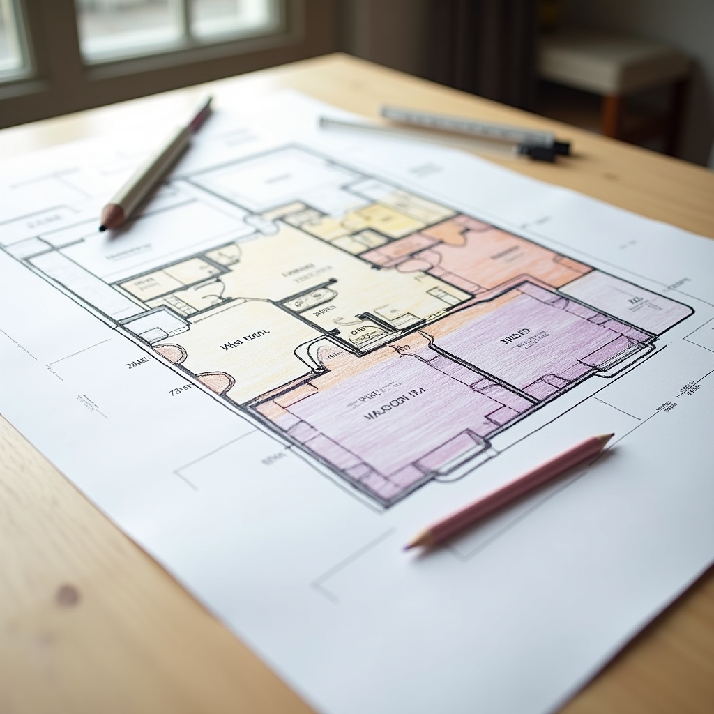 Detailed kitchen redesign floor plan showing optimised layout with work zones